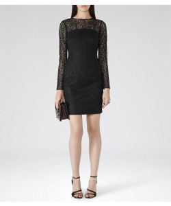 Reiss Celina Black Bonded-Lace Bodycon Dress