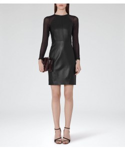 Reiss Elodie Black Leather And Chiffon Dress