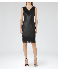 Reiss Etty Black Leather And Lace Dress