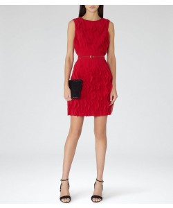 Reiss Jasmine Cherry Red Ruffle-Detail Dress
