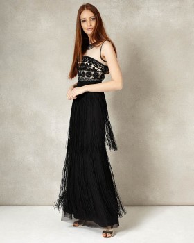 Phase Eight Elizabeth Fringe Full Length Dress Black/Champagne Dresses