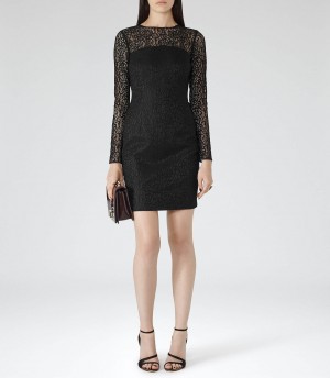 Reiss Celina Black Bonded-Lace Bodycon Dress