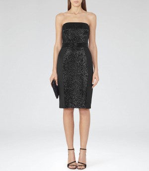 Reiss Olympia Black Strapless Embellished Dress