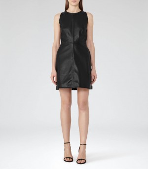 Reiss Sahara Black Leather Fit And Flare Dress