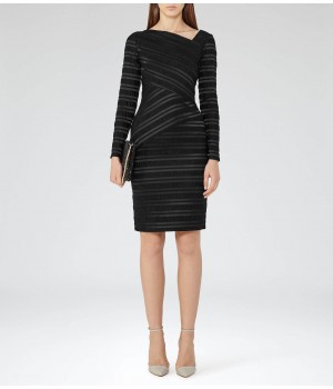 Reiss Ailette Black Textured Stripe Dress
