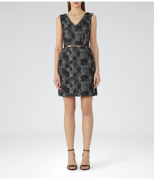 Reiss Enni Black/off White Jacquard Fit And Flare Dress