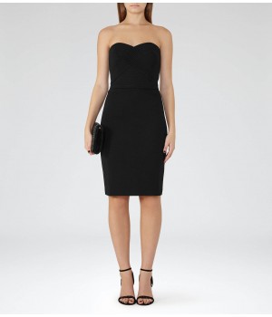 Reiss Sabbia Black Strapless Plisse-Detail Dress