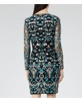 Reiss Alianna Emerald Sea/black Embroidered Dress