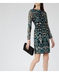 Reiss Alianna Emerald Sea/black Embroidered Dress